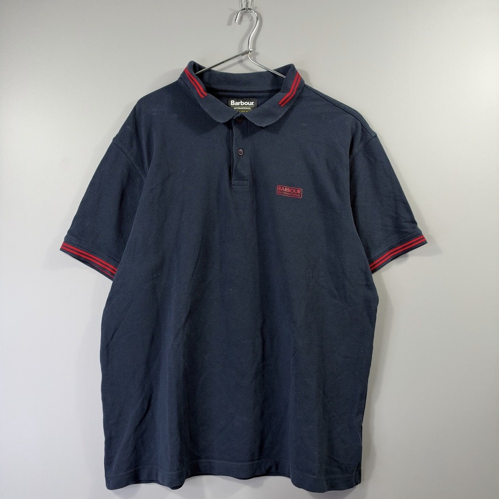 Barbour International Polo Shirt Mens 2XL Blue Tipped Collar Logo Short Sleeve
